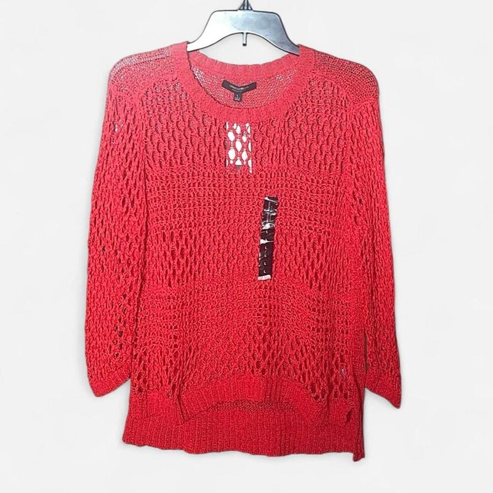 Christian Siriano Coral Red Crochet Knit Runway Style Sweater NWT – Size L
